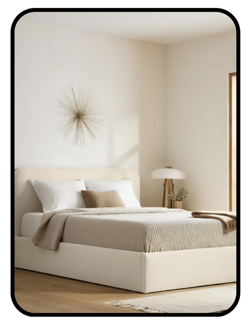 Quince linen curved low-tox upholstered bed frame in natural linen