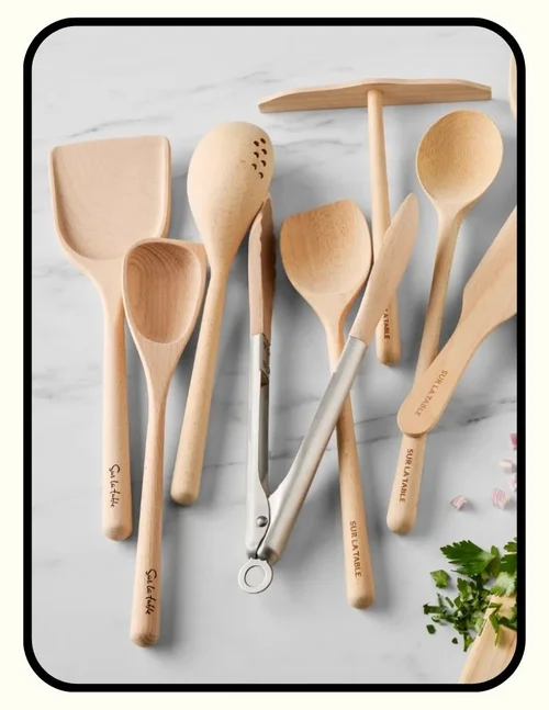 Sur La Table stainless steel and unfinished beechwood non-toxic tongs