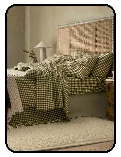 Piglet in Bed natural linen bedding with gingham accents