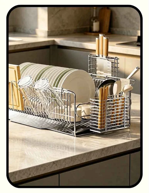 Saint Lawrence stainless steel dish drying rack with stainless drip tray and utensil caddies