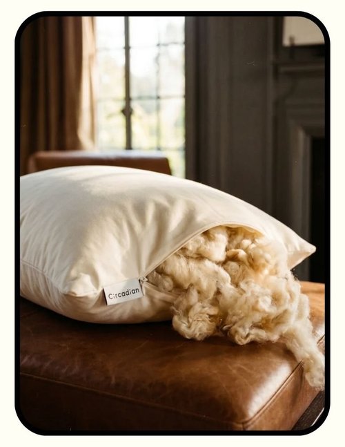 Circadian Rest adjustable organic wool pillow with GOTS organic wool fill and organic cotton encasement