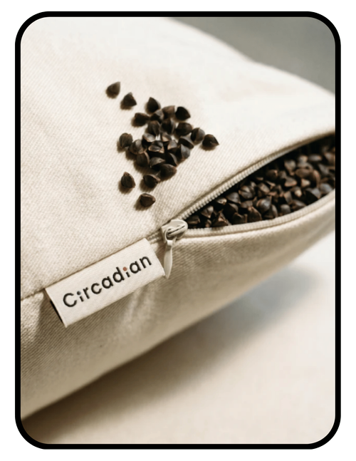 Circadian Rest organic buckwheat pillow with GOTS certified organic cotton cover and USA-grown hull fill for neck pain