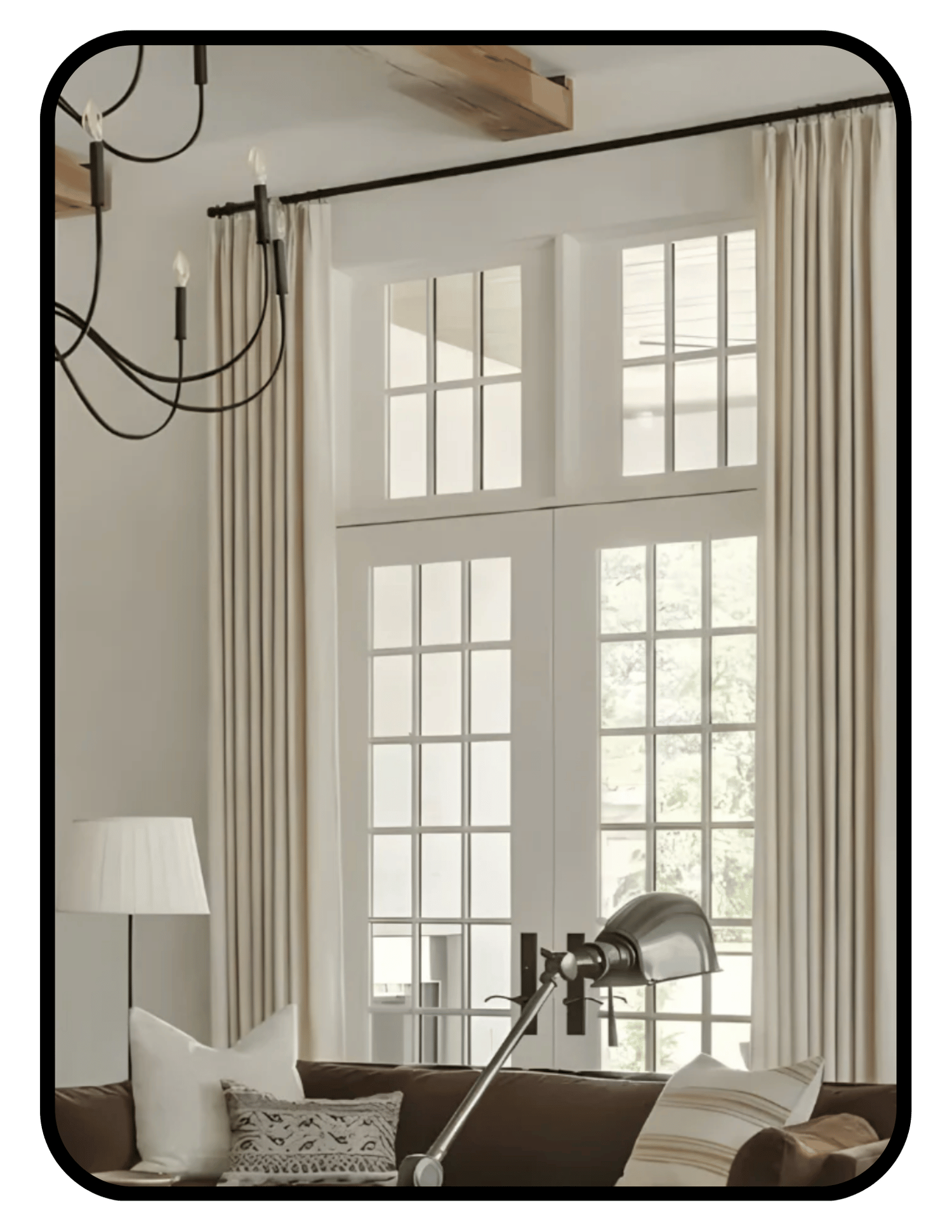 Sleepout non-toxic blackout curtains hung in a sunlit living room
