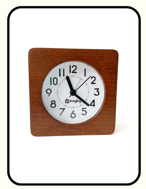 Bagby digital-free walnut analog alarm clock, battery operated and EMF free