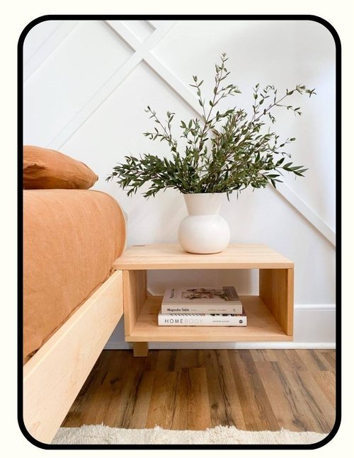 Savvy Rest organic solid wood platform bed frame with floating bedside tables