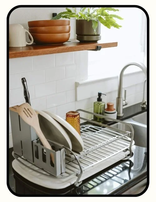 Dorai dish drying rack with powder-coated aluminum frame, wood knife holder, and diatomaceous earth drying pad