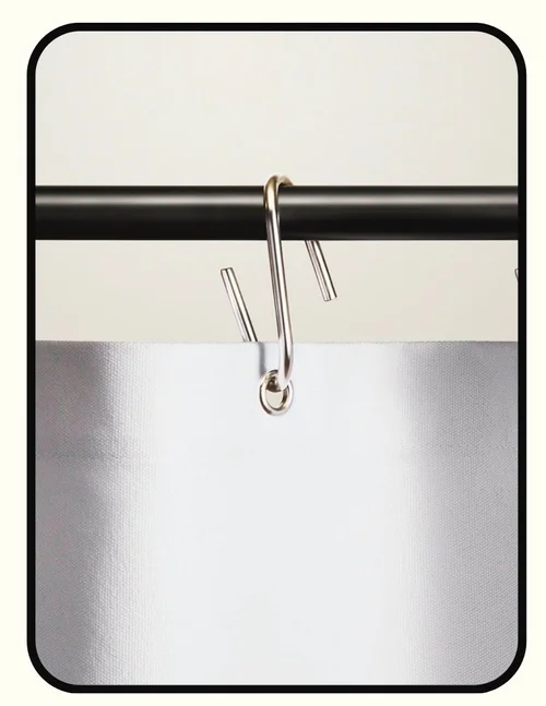 Outlines easy-glide shower curtain hooks for frequent washing