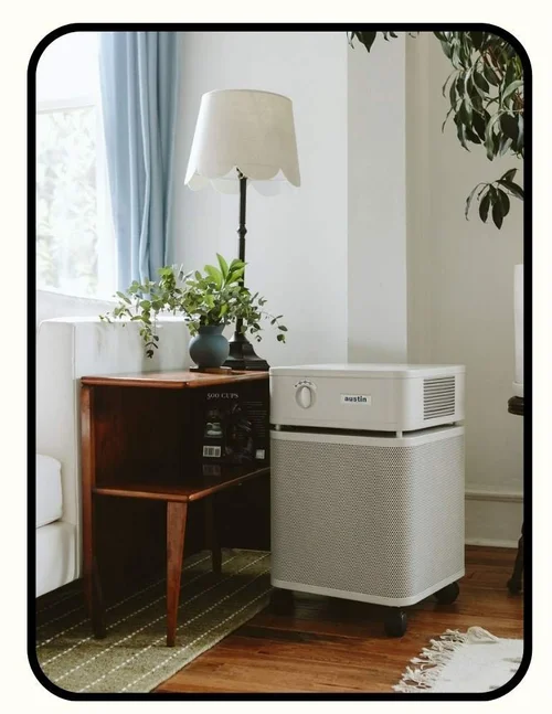 Austin Air HealthMate steel air purifier with 15 pounds of activated carbon and zeolite media for VOC removal
