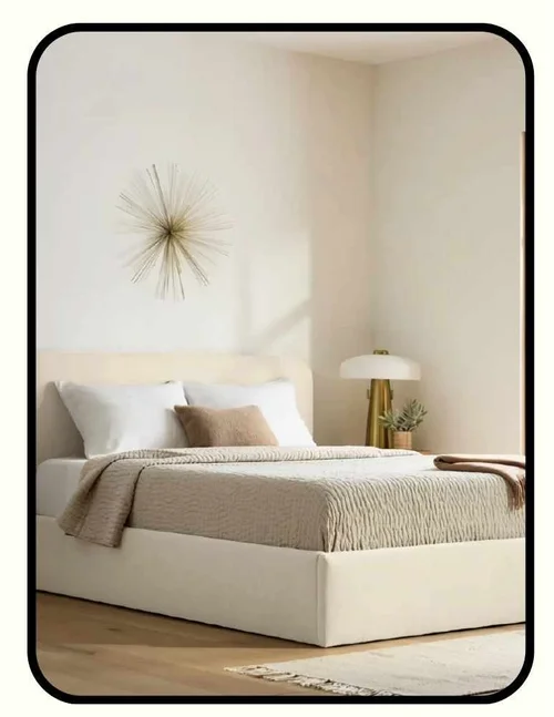 Quince linen curved low-tox upholstered bed frame in natural linen