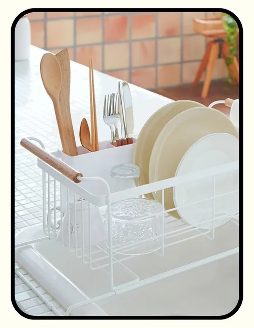 Yamazaki Home powder-coated steel over-sink dish rack with ash wood handles