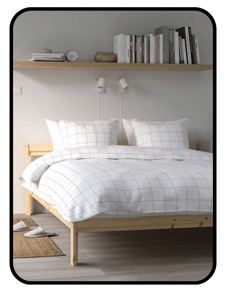 IKEA NEIDEN unfinished solid pine bed frame, affordable low-tox option