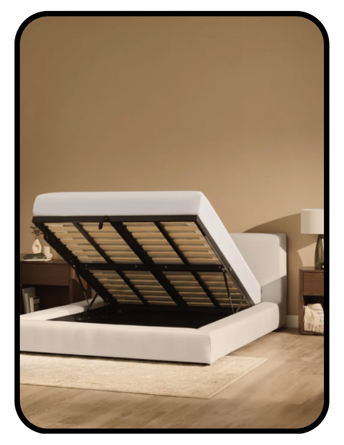 Silk and Snow Aire upholstered storage bed frame with lift-up storage and OEKO-TEX fabric