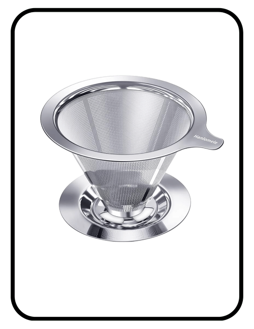 Stainless steel single cup pour-over coffee filter resting on a mug
