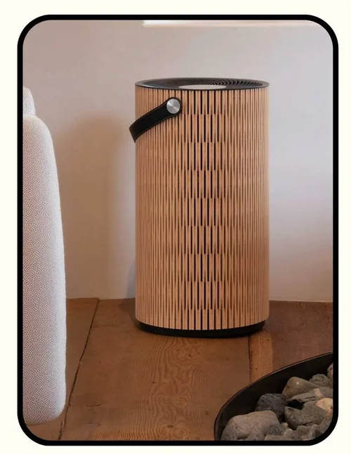IQAir Atem Earth low plastic air purifier with beechwood housing and activated carbon filter