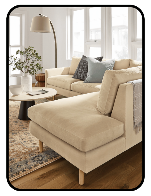 Room and Board sofa with CertiPUR foam, performance fabric, and hardwood frame