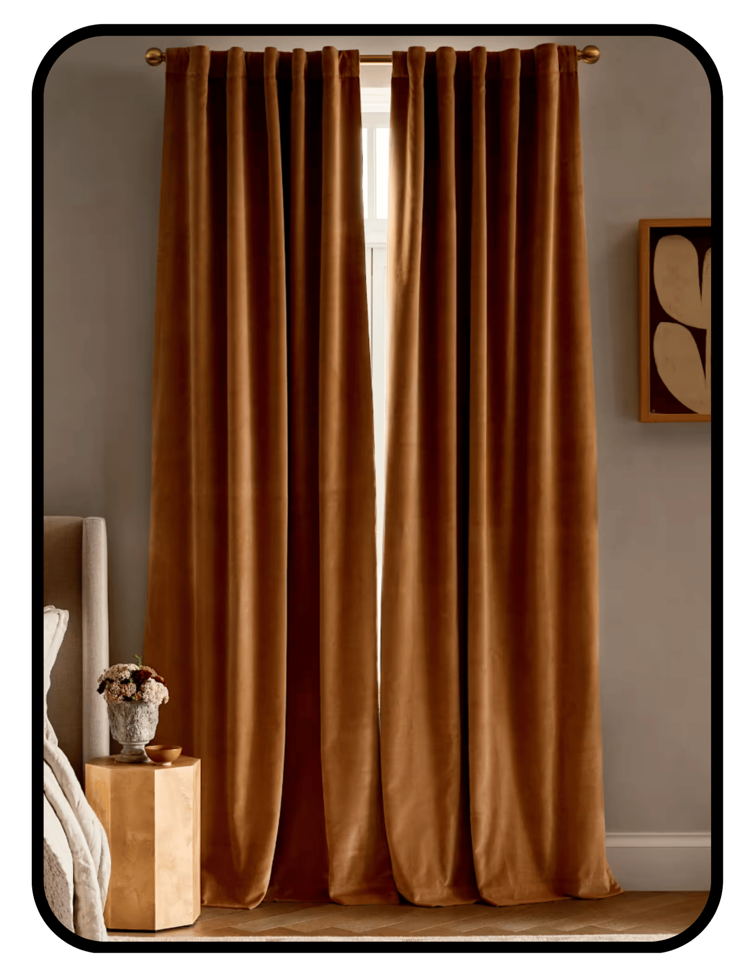 Quince cotton velvet blackout curtains in a warm rust tone