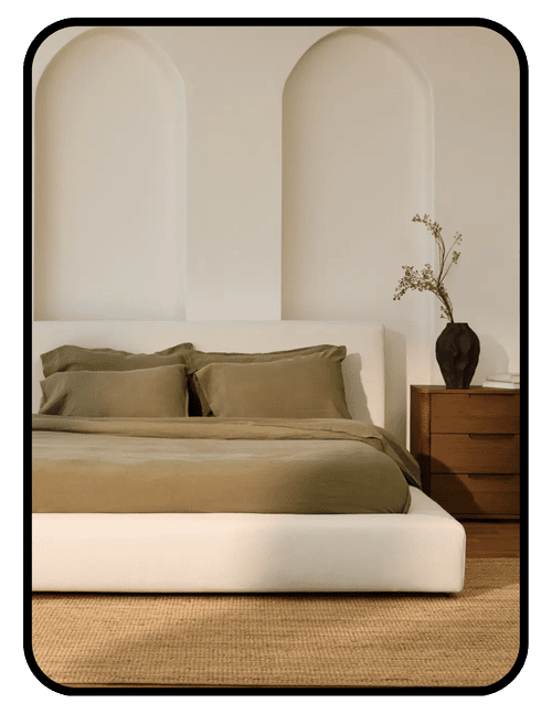 Silk and Snow upholstered bed with solid wood legs and OEKO-TEX certified fabric