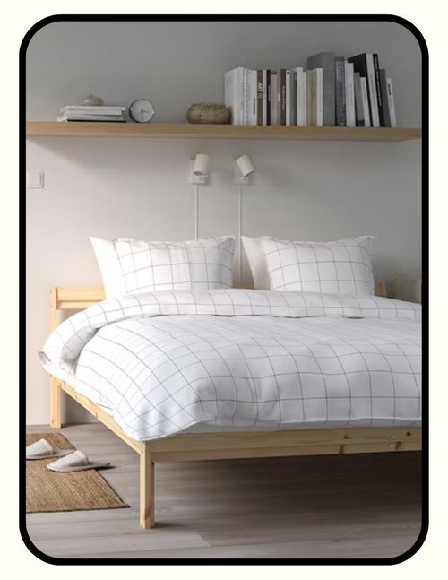 IKEA NEIDEN unfinished solid pine bed frame, affordable low-tox option
