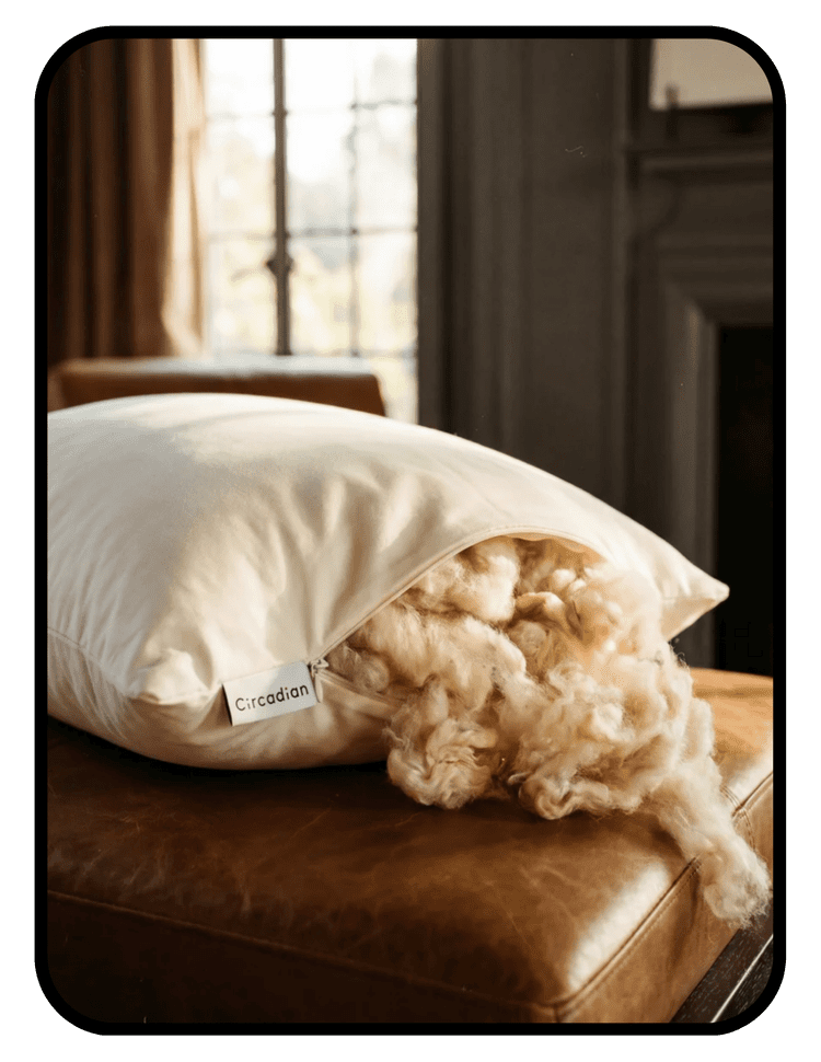 Circadian Rest adjustable organic wool pillow with GOTS organic wool fill and organic cotton encasement
