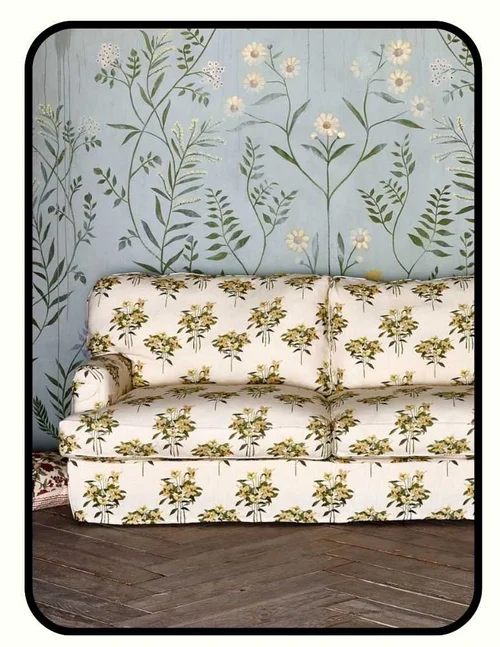 Green Row natural latex couch with patterned OEKO-TEX slipcovers