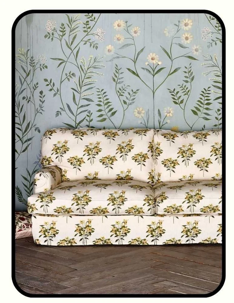 Green Row natural latex couch with patterned OEKO-TEX slipcovers