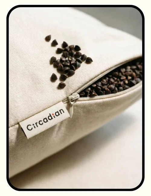 Circadian Rest organic buckwheat pillow with GOTS certified organic cotton cover and USA-grown hull fill for neck pain