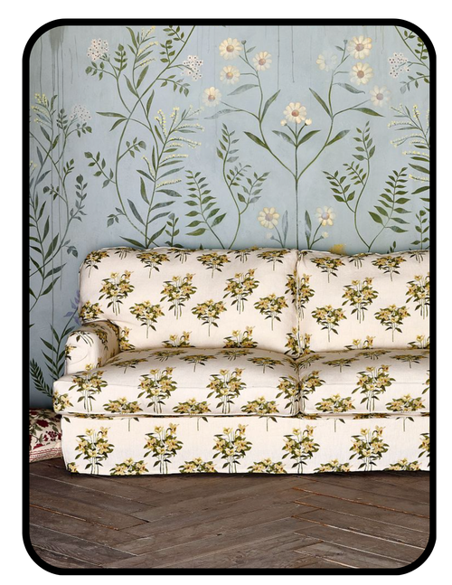 Green Row natural latex couch with patterned OEKO-TEX slipcovers