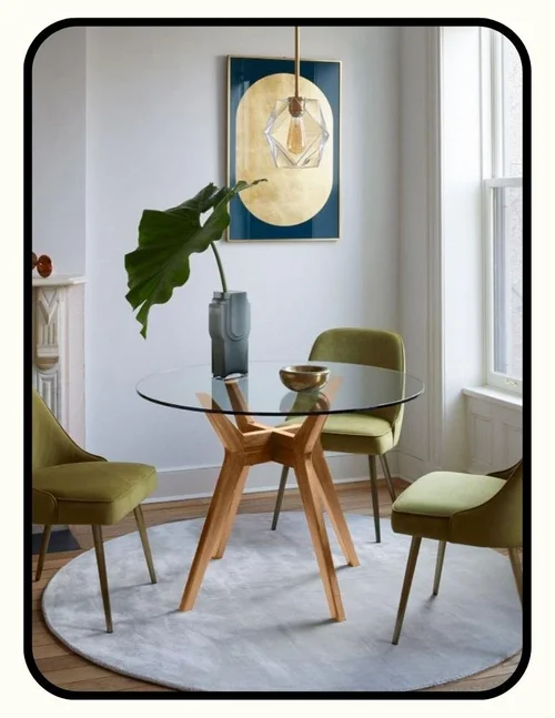 West Elm dining table with glass top and solid wood base