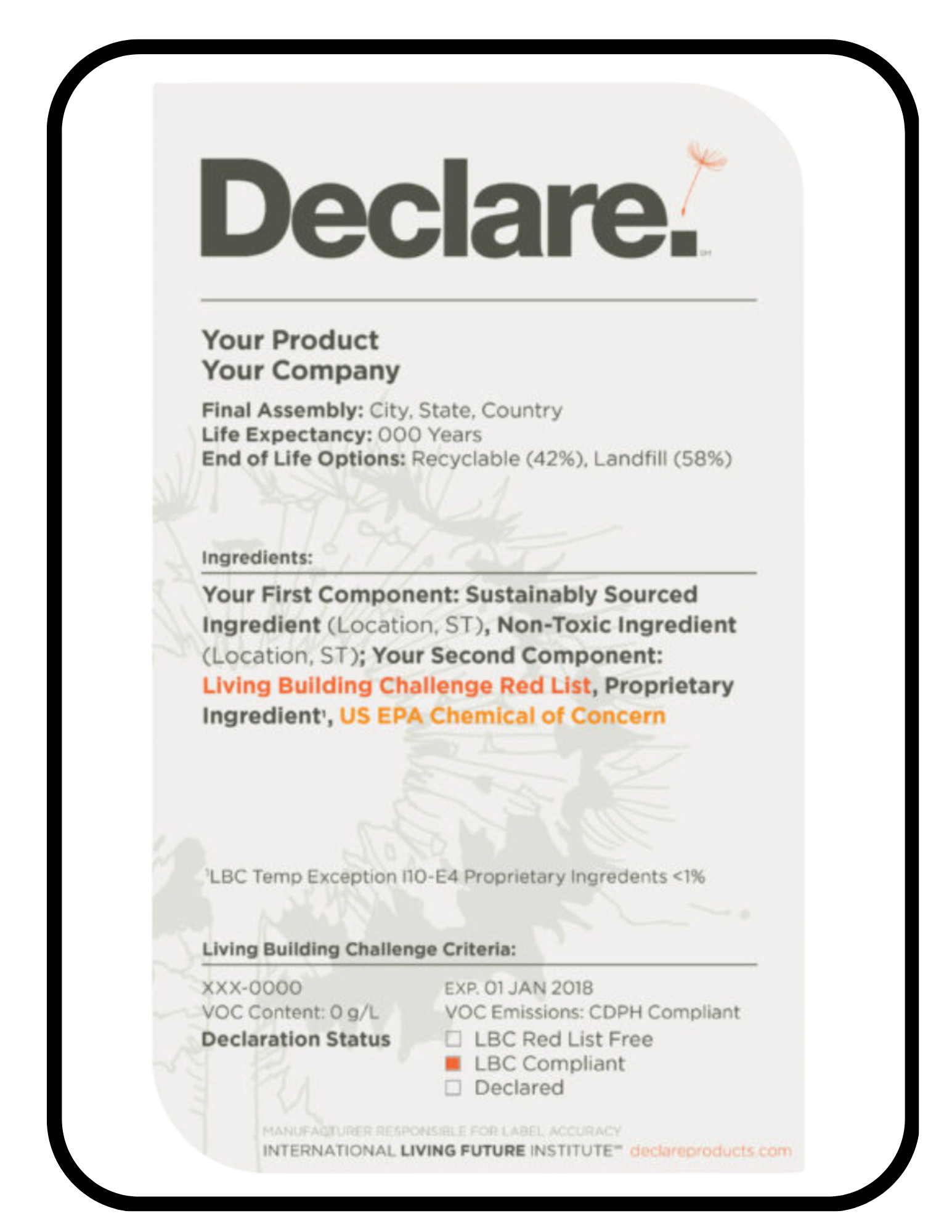 Sustainable product declaration label with details about ingredients, eco-friendly options, and chemical compliance, featuring the Declare logo at the top.