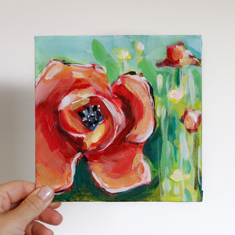 Small poppy flower painting for home decor. Red poppy in bloom with gold  accents. — Weronika Zubek Fine Art