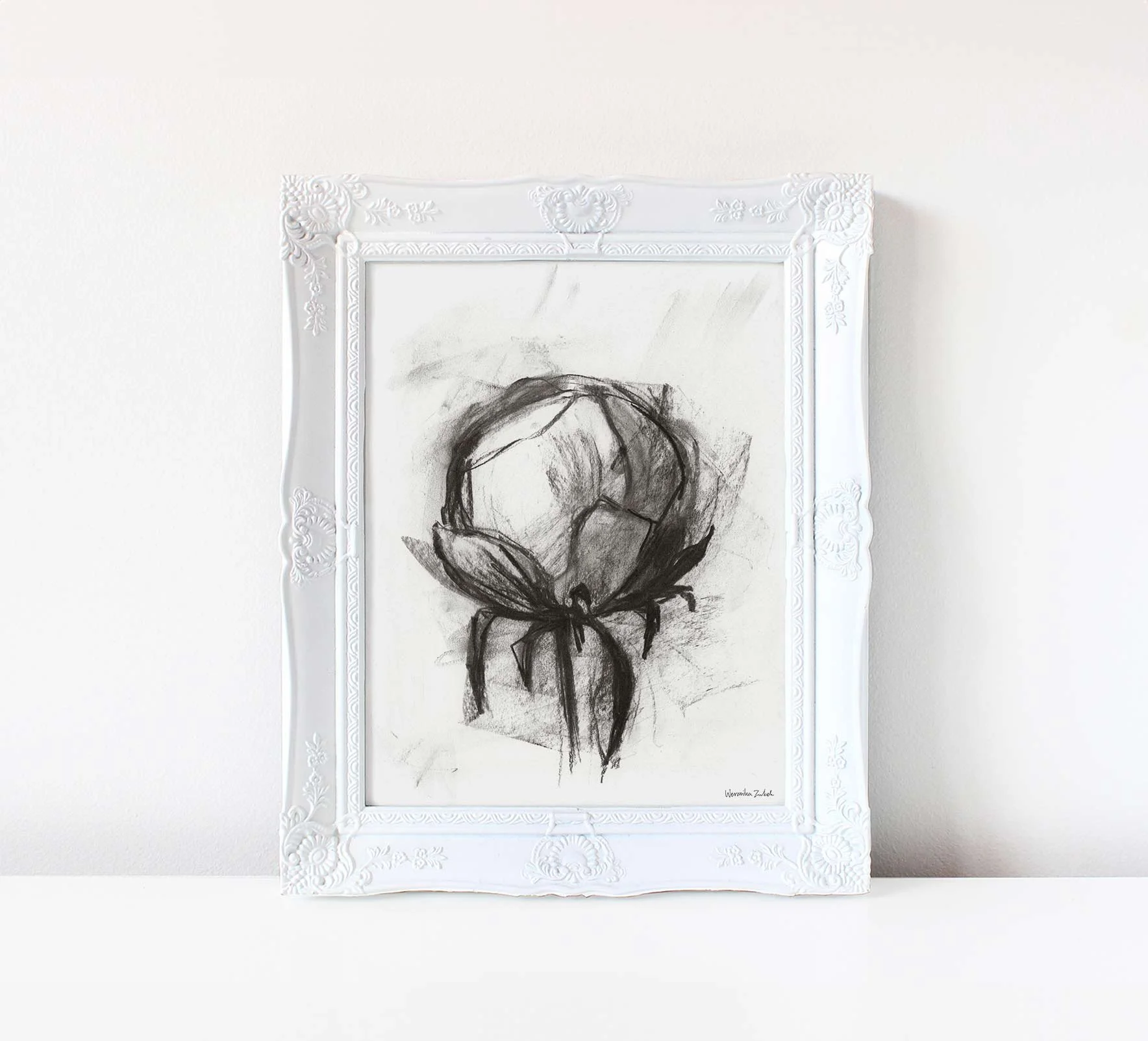 Black and white charcoal peony flower art print — Weronika Zubek
