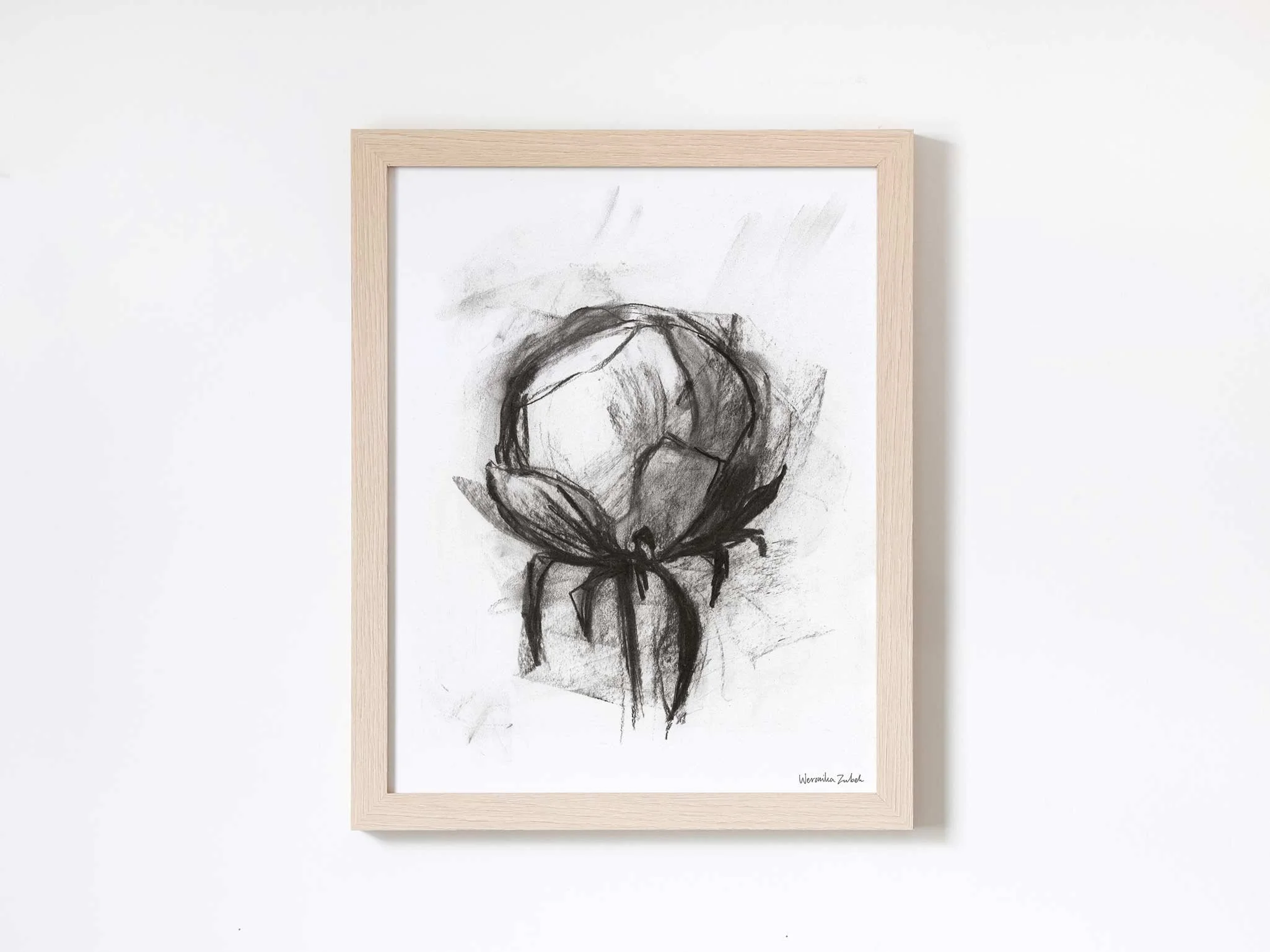 Black and white charcoal peony flower art print — Weronika Zubek