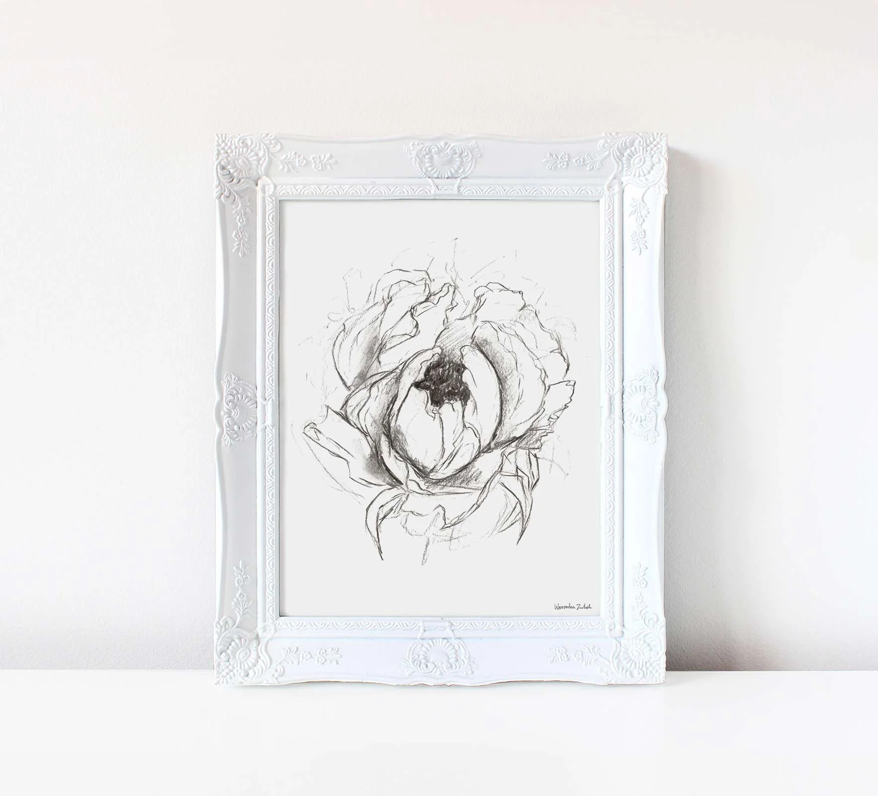 peony 絵画原画 アクリル画テクスチャーアート Black and white charcoal peony flower art print — Weronika Zubek