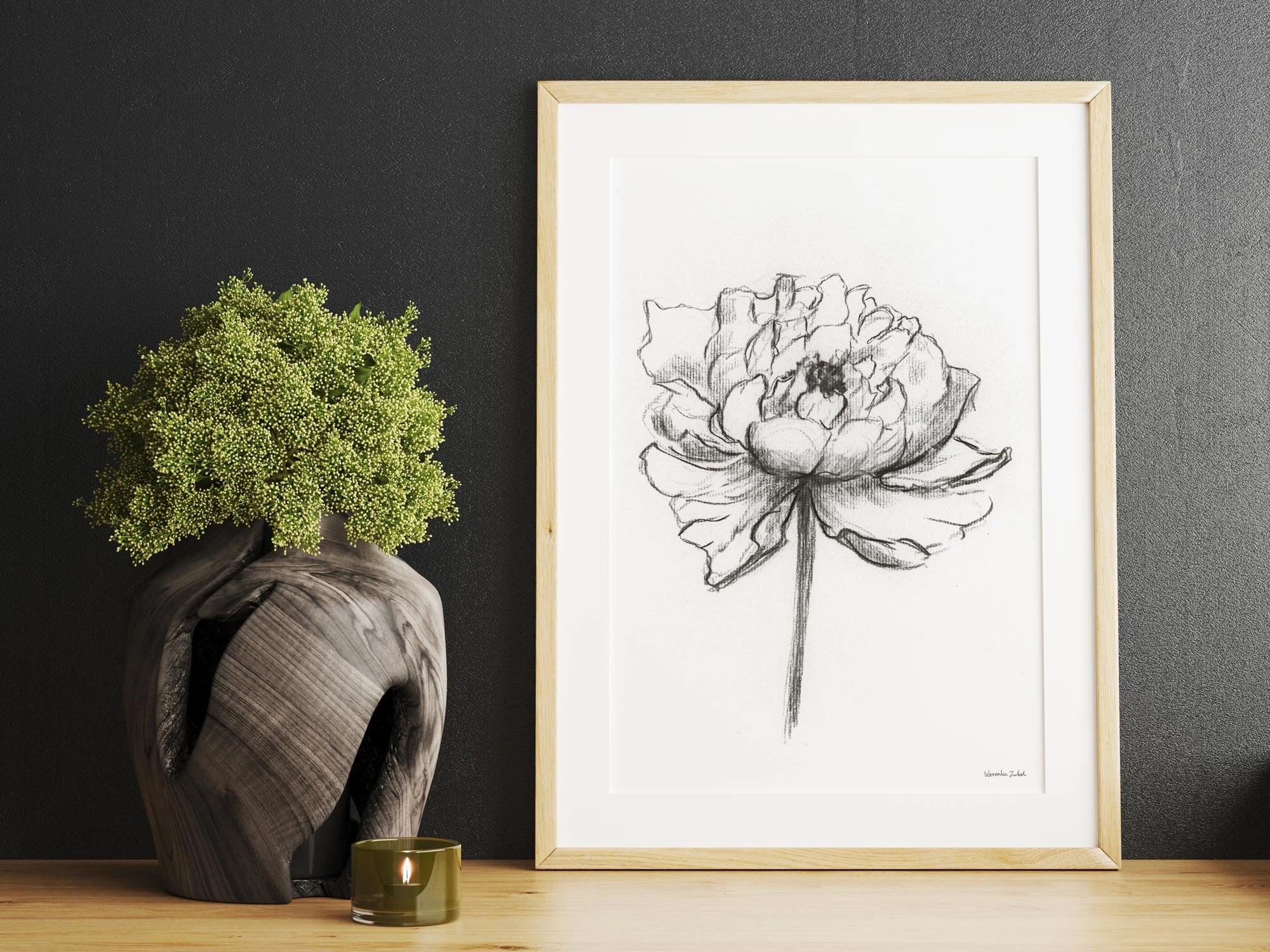Black and white charcoal peony flower art print — Weronika Zubek