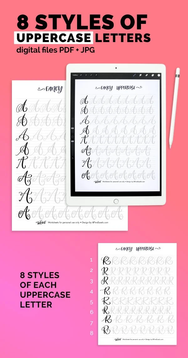 Lettering worksheet BUNDLE 8 Styles Lower and Uppercase Brush Lettering ...
