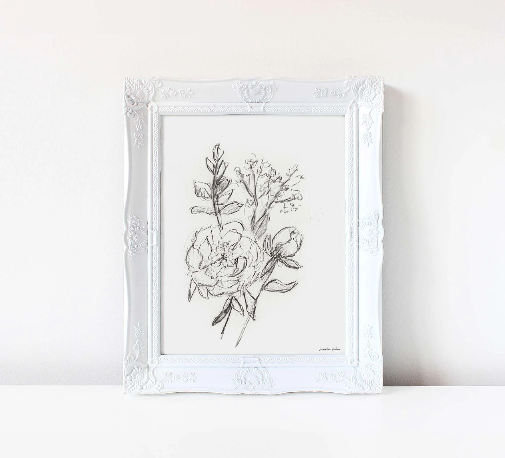 peony 絵画原画 アクリル画テクスチャーアート Black and white charcoal peony flower art print — Weronika Zubek