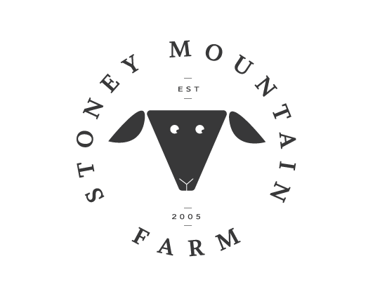Stoney Mountain Farm circular badge logo — illustrated sheep face with farm name established 2005
