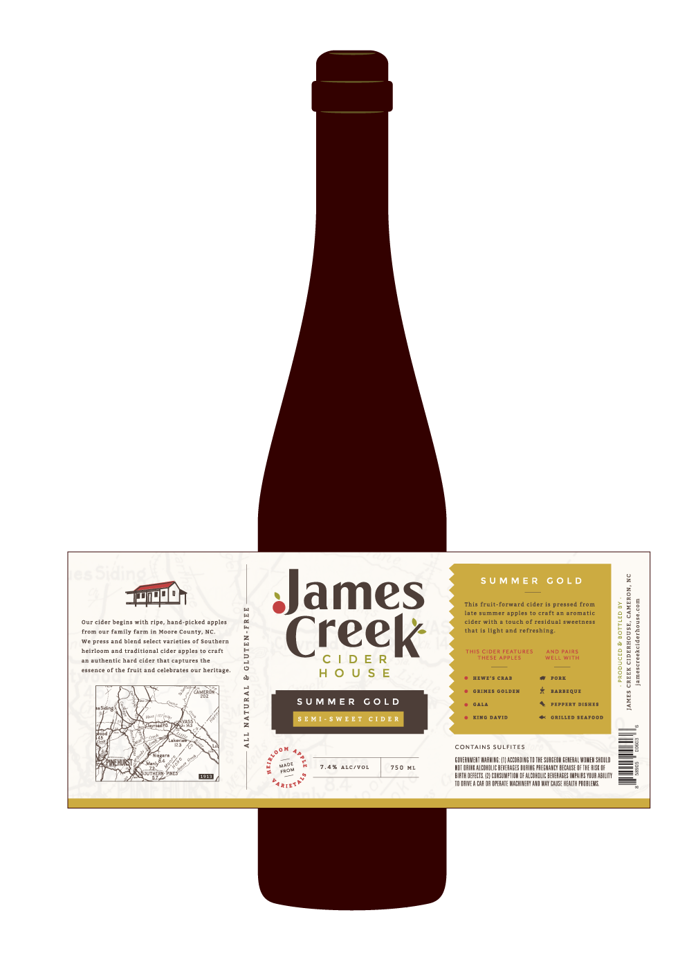 James Creek Cider House Summer Gold bottle mockup and label dieline — dark bottle silhouette with front and back label flat design