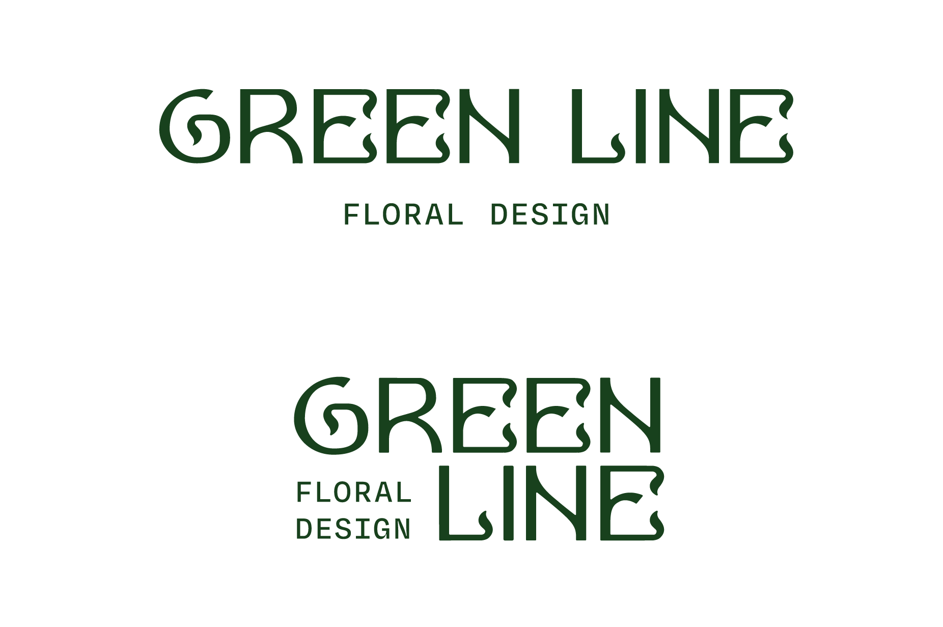 Green Line Floral Design horizontal and stacked logo variations — dark green custom, botanical-themed wordmark