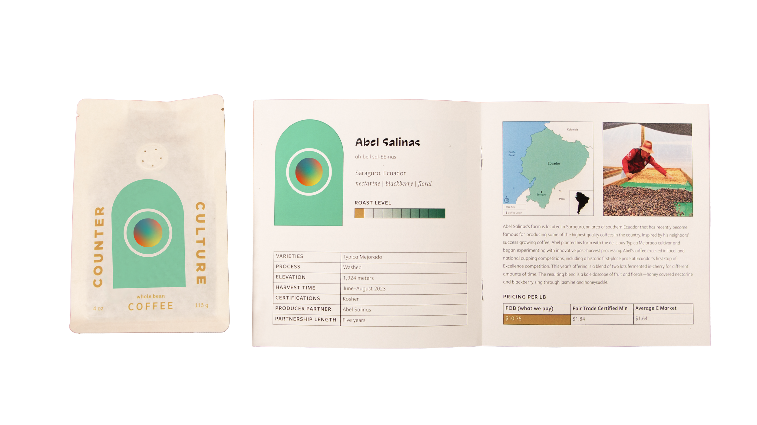 Counter Culture Coffee 12 Days of Coffee booklet and bag — Abel Salinas Ecuador origin profile with producer photography and data spread open
