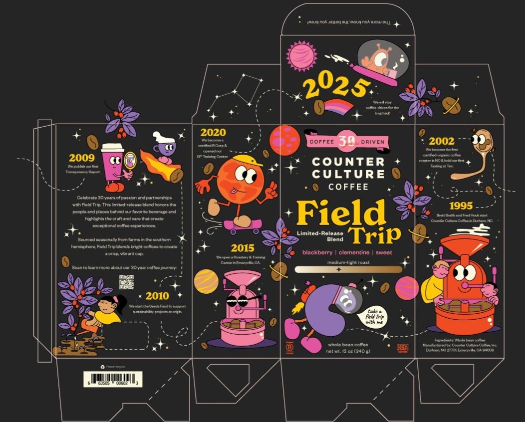 Counter Culture Coffee Field Trip seasonal release box dieline — dark illustrated packaging with constellation characters and 30 year history timeline
