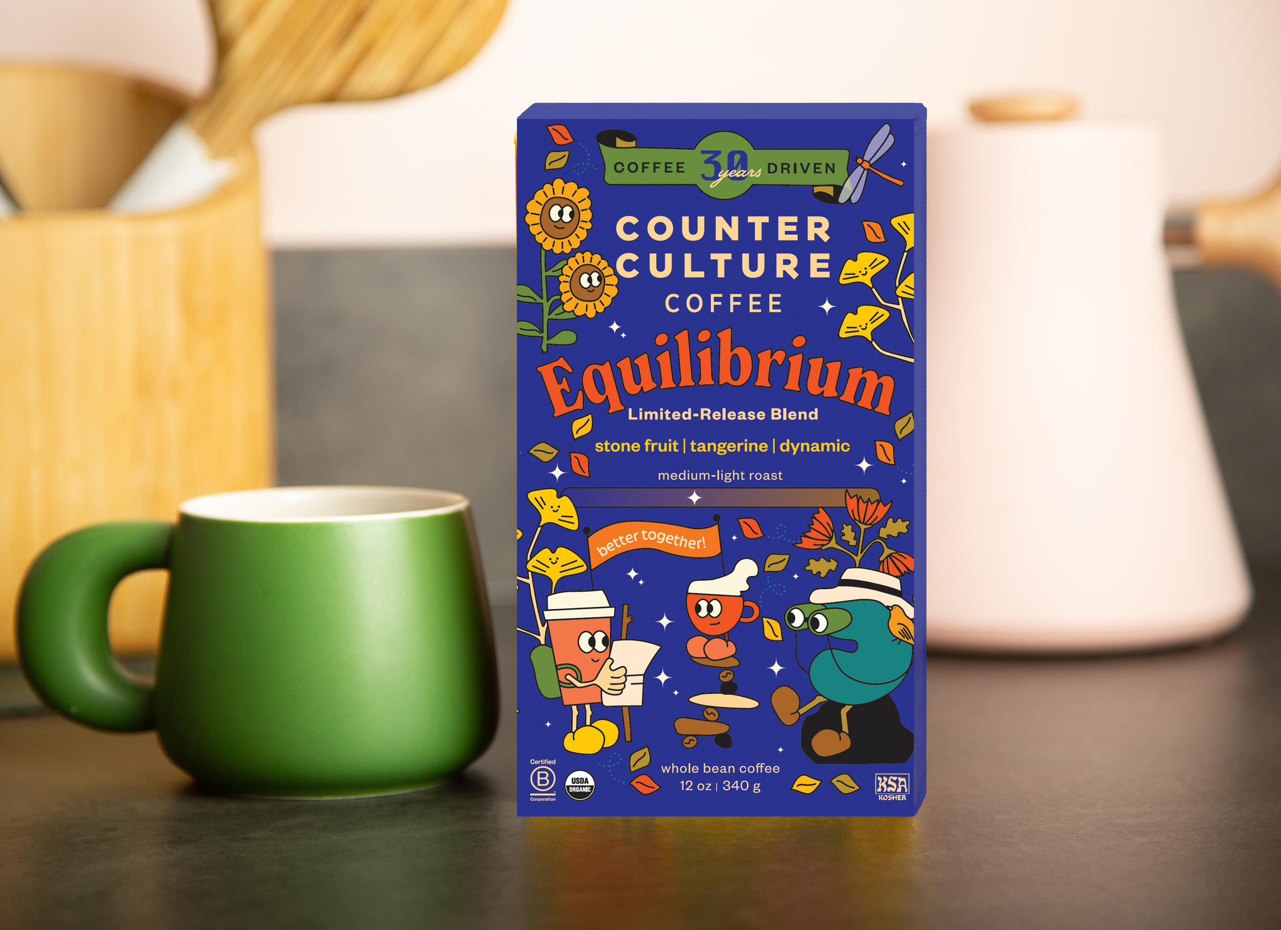 Counter Culture Coffee Equilibrium seasonal release box — cobalt blue illustrated packaging with green mug