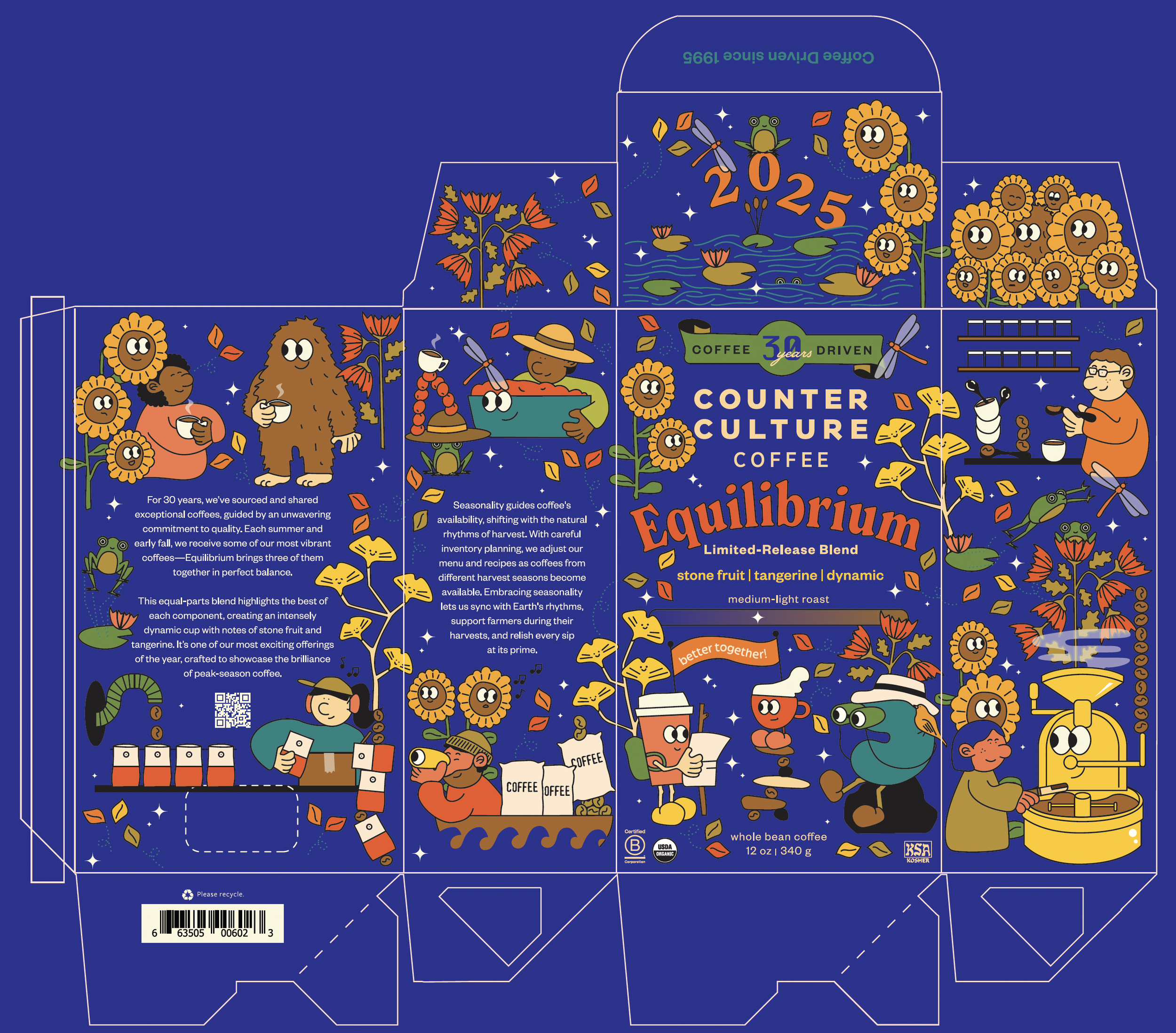Counter Culture Coffee Equilibrium seasonal release box dieline — cobalt blue illustrated packaging with farmers and coffee culture characters