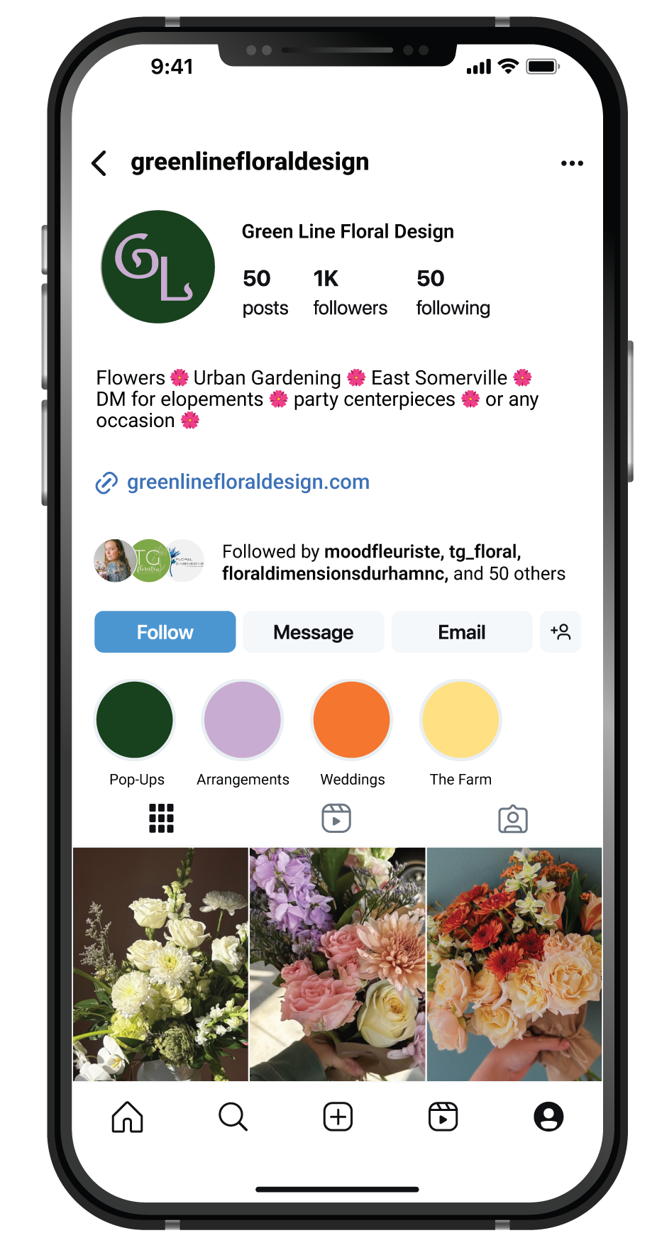Green Line Floral Design Instagram profile mockup on mobile — brand identity applied to social media