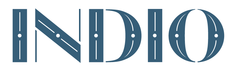 Indio beautiful goods and gifts logo — bold art deco inspired wordmark in slate blue