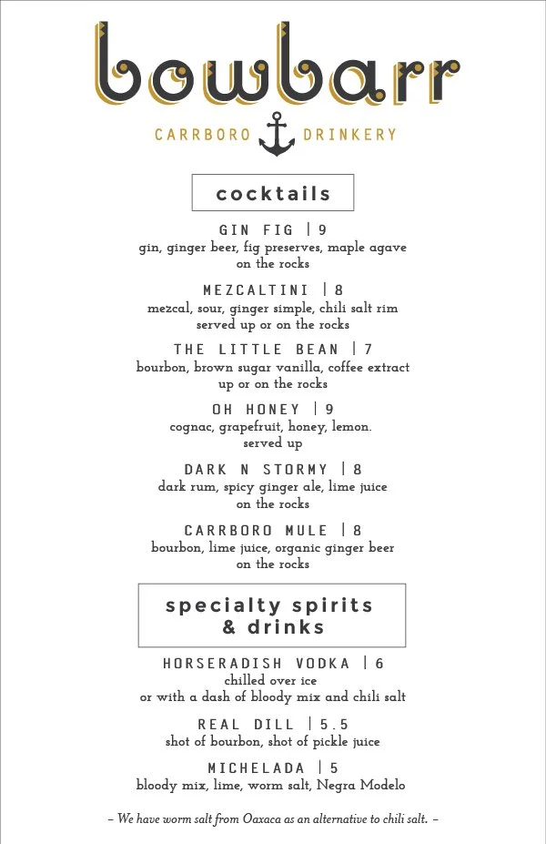 Bowbarr Carrboro Drinkery menu design — cocktails drafts wine snacks and non-alcoholic drink menu