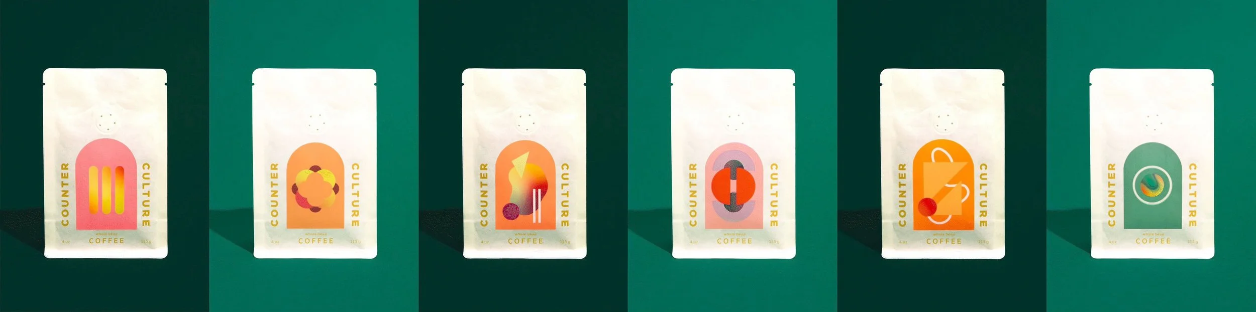 Counter Culture Coffee 12 Days of Coffee second six bag labels — geometric gradient illustrations on white coffee bags against dark green background