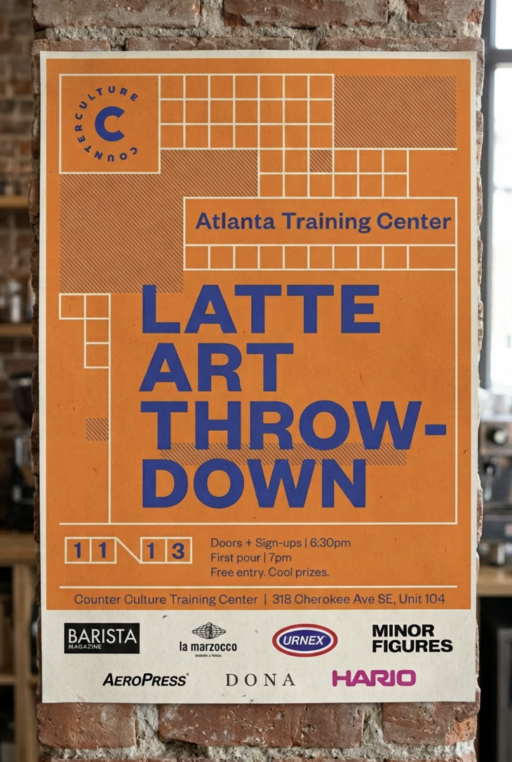 Counter Culture Coffee Atlanta Training Center Latte Art Throwdown event poster — orange and blue grid design