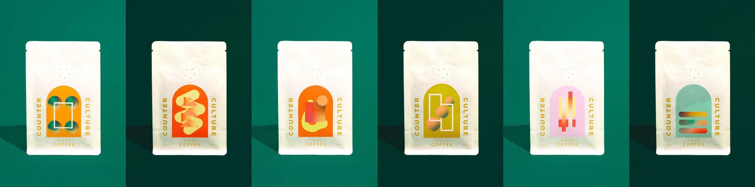 counter-cultuCounter Culture Coffee 12 Days of Coffee first six bag labels — geometric gradient illustrations on white coffee bags against dark green backgroundre-coffee-12-days-first-six-labels