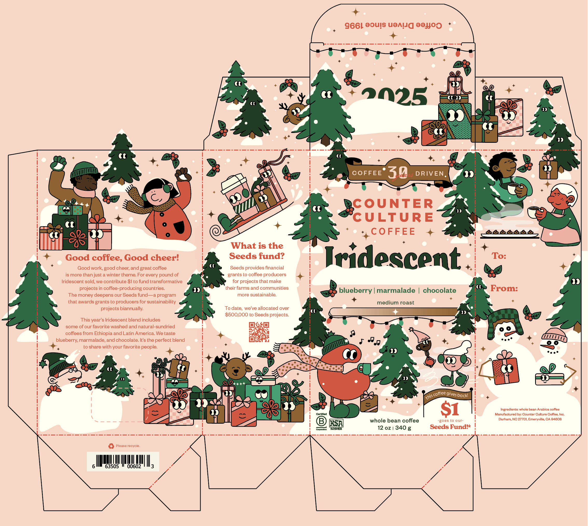 Counter Culture Coffee Iridescent holiday seasonal release box dieline — pink background with illustrated holiday scene pine trees and characters